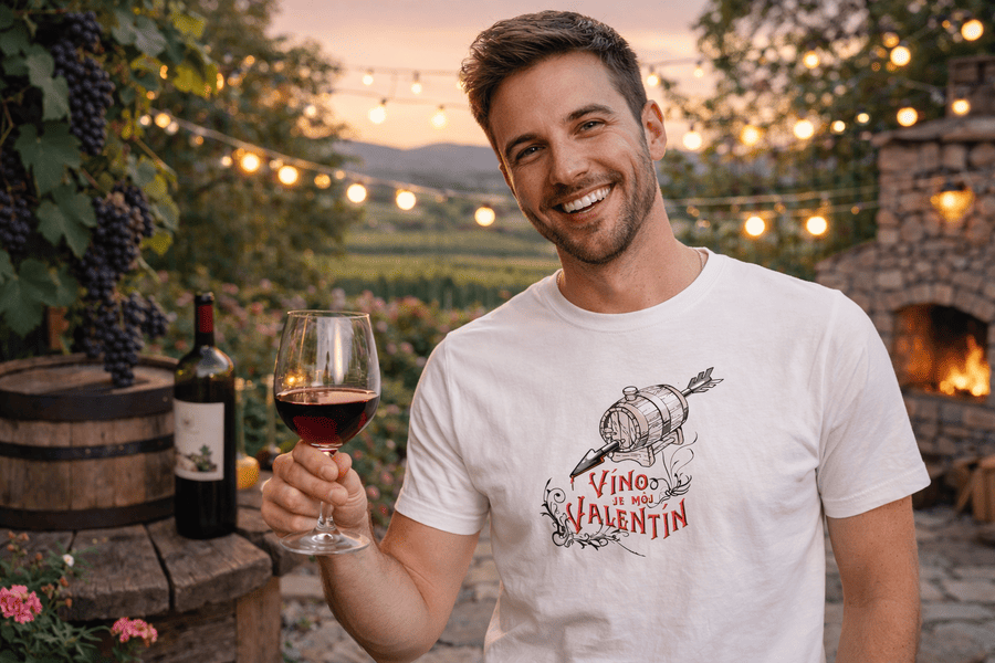 muž v tričku Víno je môj Valentín mk